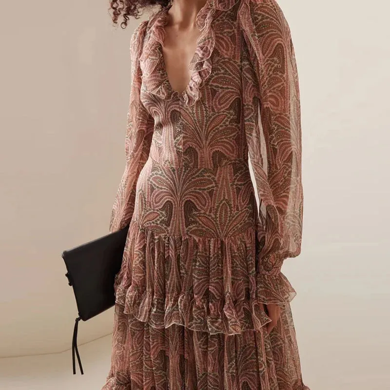 2023 Autumn Casual Bohemian Elegant V-Neck Ruffled High Waist Evening Dress