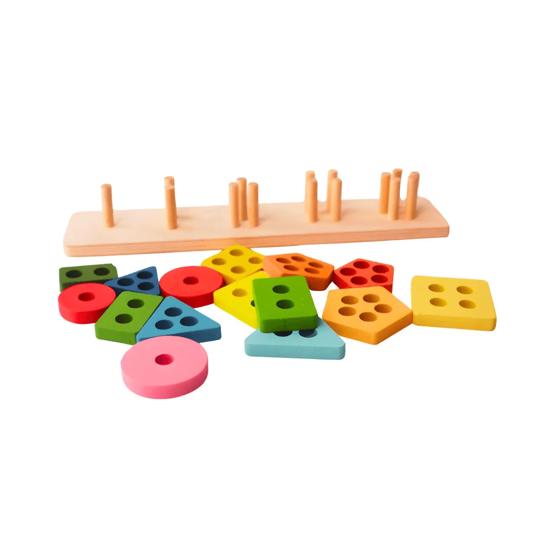 5 shapes - Wooden Colorful Shape Sorting Stacking Rings Toys