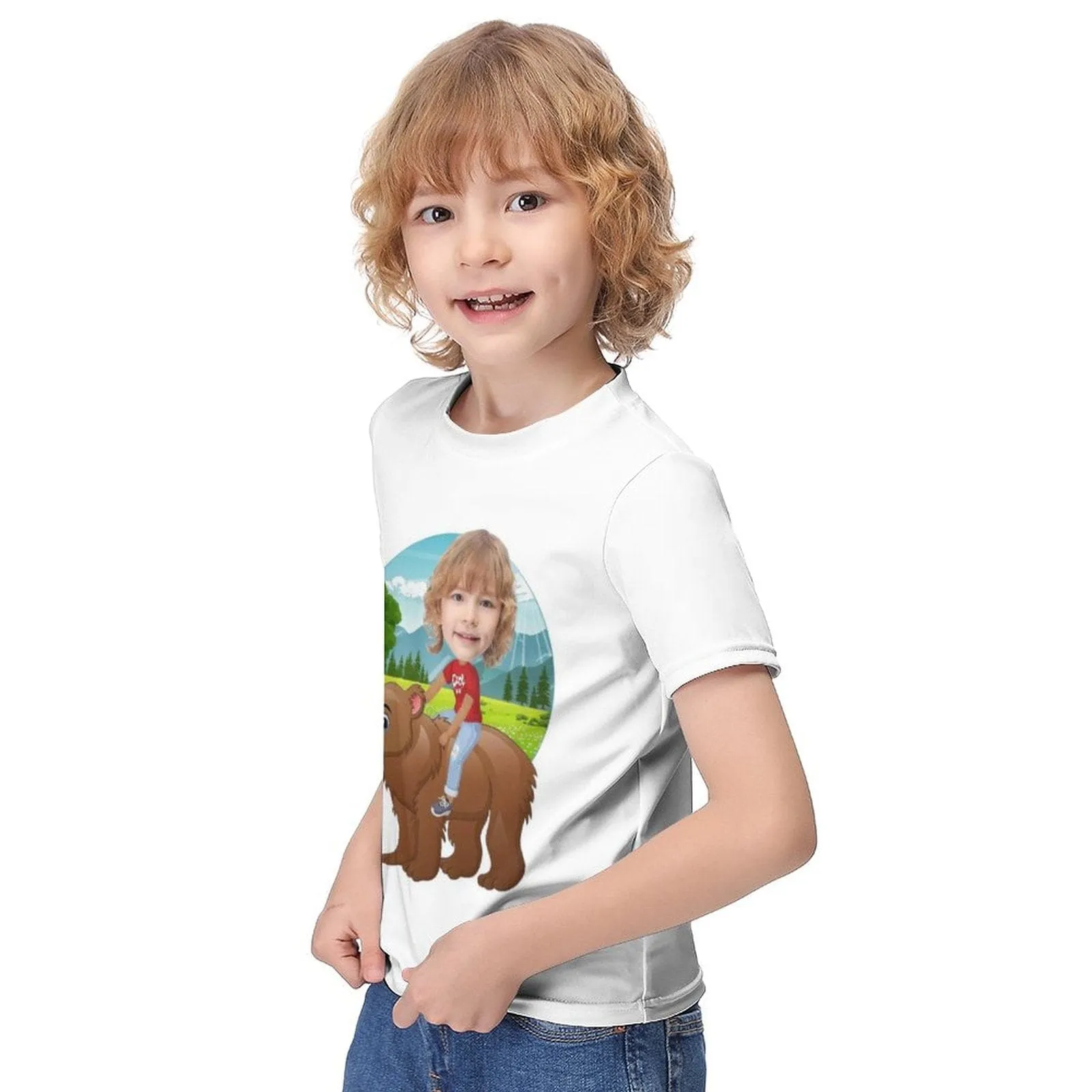 #6-12Y Custom Face Riding a Bear Cute Kid's T-shirt For Boy Girl