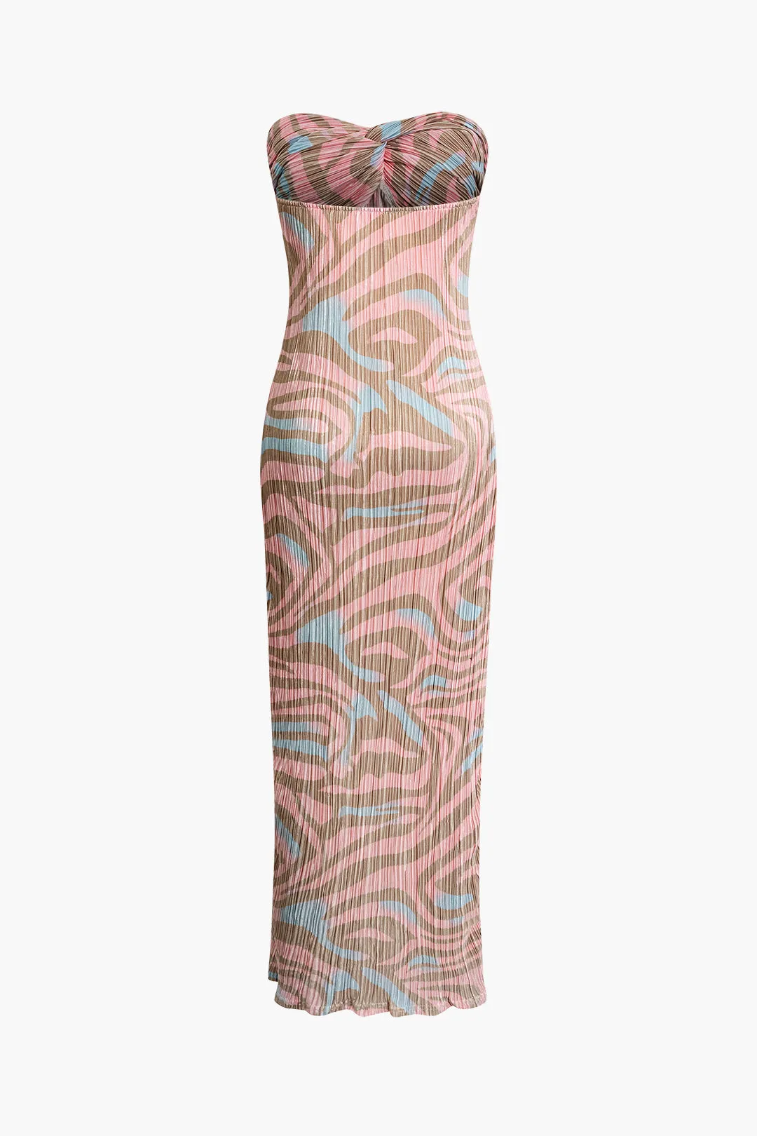 Abstract Print Plisse Strapless Maxi Dress