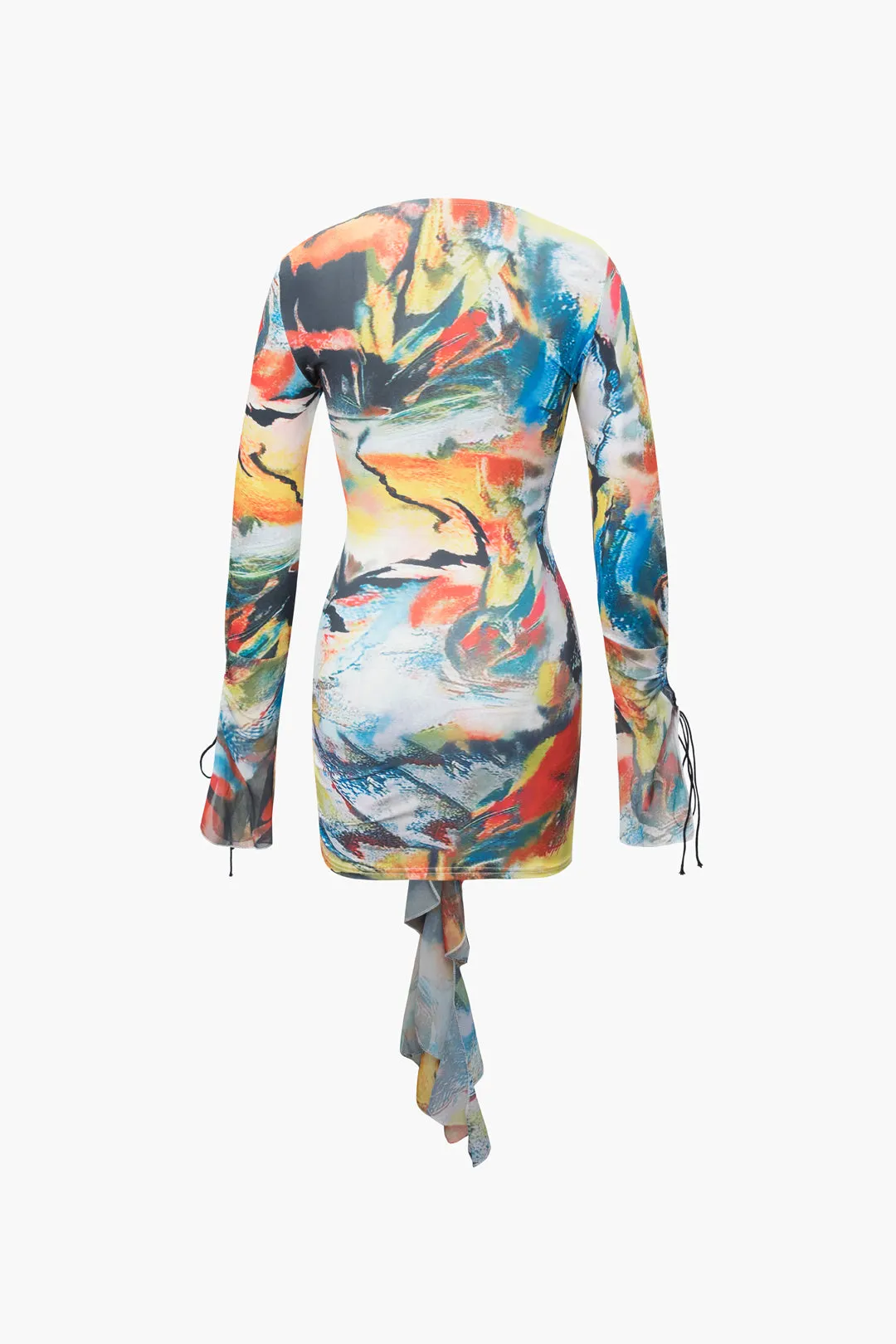 Abstract Print V-neck Tie Front Ruffle Mini Dress