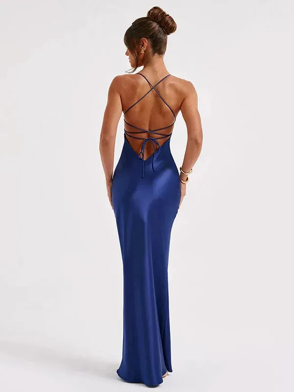 Articat Sexy Spaghetti Strap Bodycon Satin Dress With Open Back Lace Up Female Long Dress Elegant Party Club Evening Dress 2024