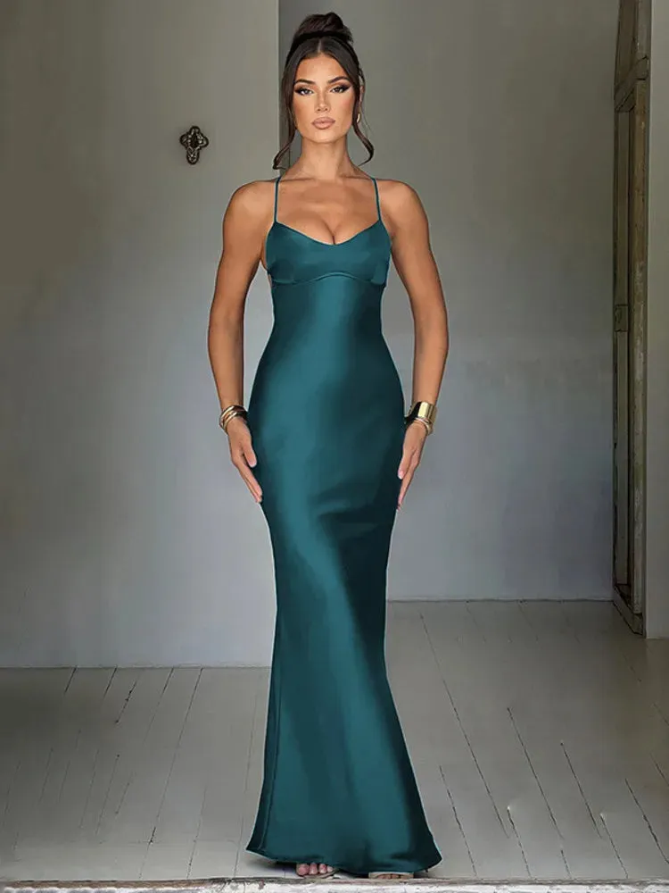 Articat Sexy Spaghetti Strap Bodycon Satin Dress With Open Back Lace Up Female Long Dress Elegant Party Club Evening Dress 2024