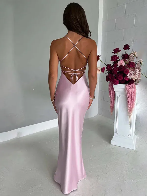 Articat Sexy Spaghetti Strap Bodycon Satin Dress With Open Back Lace Up Female Long Dress Elegant Party Club Evening Dress 2024