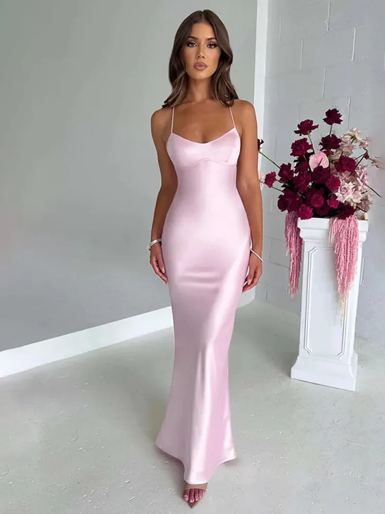 Articat Sexy Spaghetti Strap Bodycon Satin Dress With Open Back Lace Up Female Long Dress Elegant Party Club Evening Dress 2024