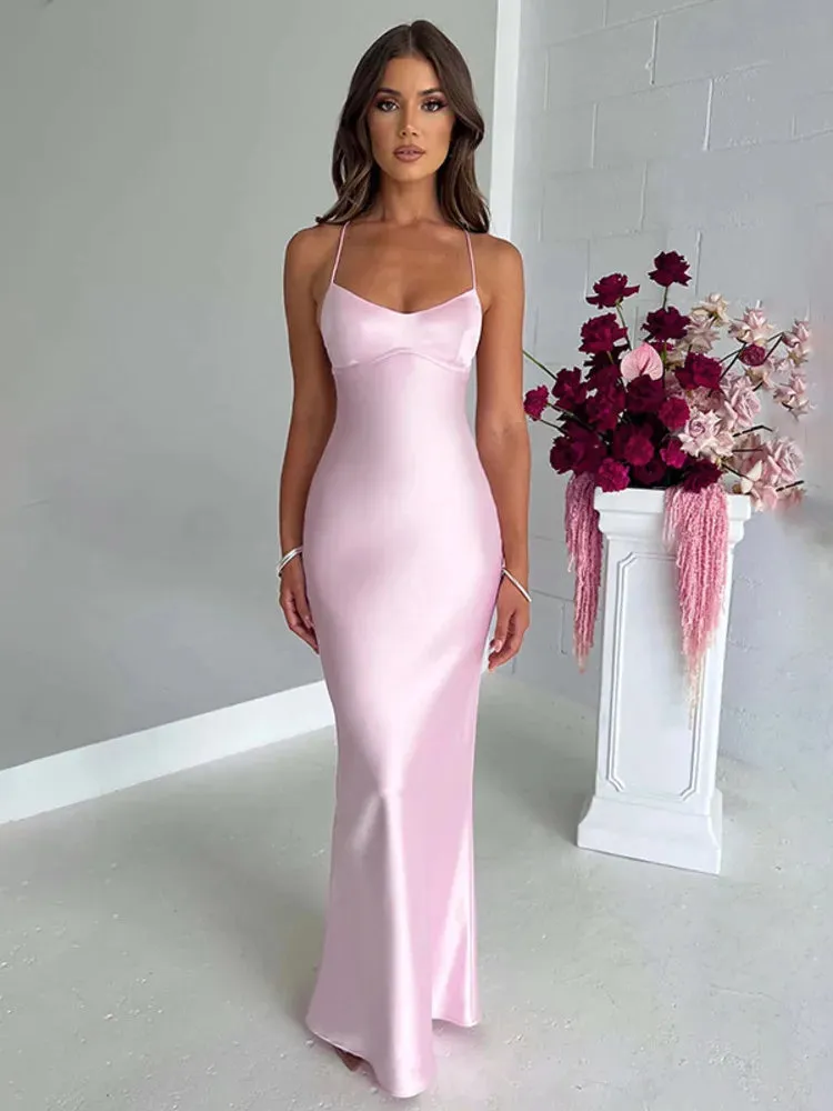 Articat Sexy Spaghetti Strap Bodycon Satin Dress With Open Back Lace Up Female Long Dress Elegant Party Club Evening Dress 2024