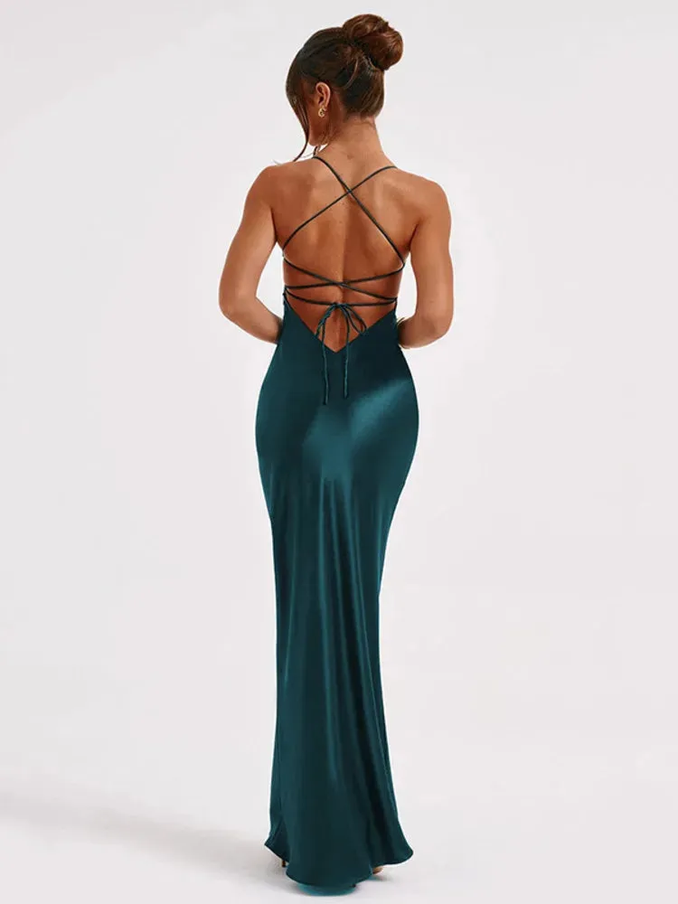 Articat Sexy Spaghetti Strap Bodycon Satin Dress With Open Back Lace Up Female Long Dress Elegant Party Club Evening Dress 2024