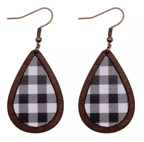 Black and White Plaid Wooden Drop Earrings