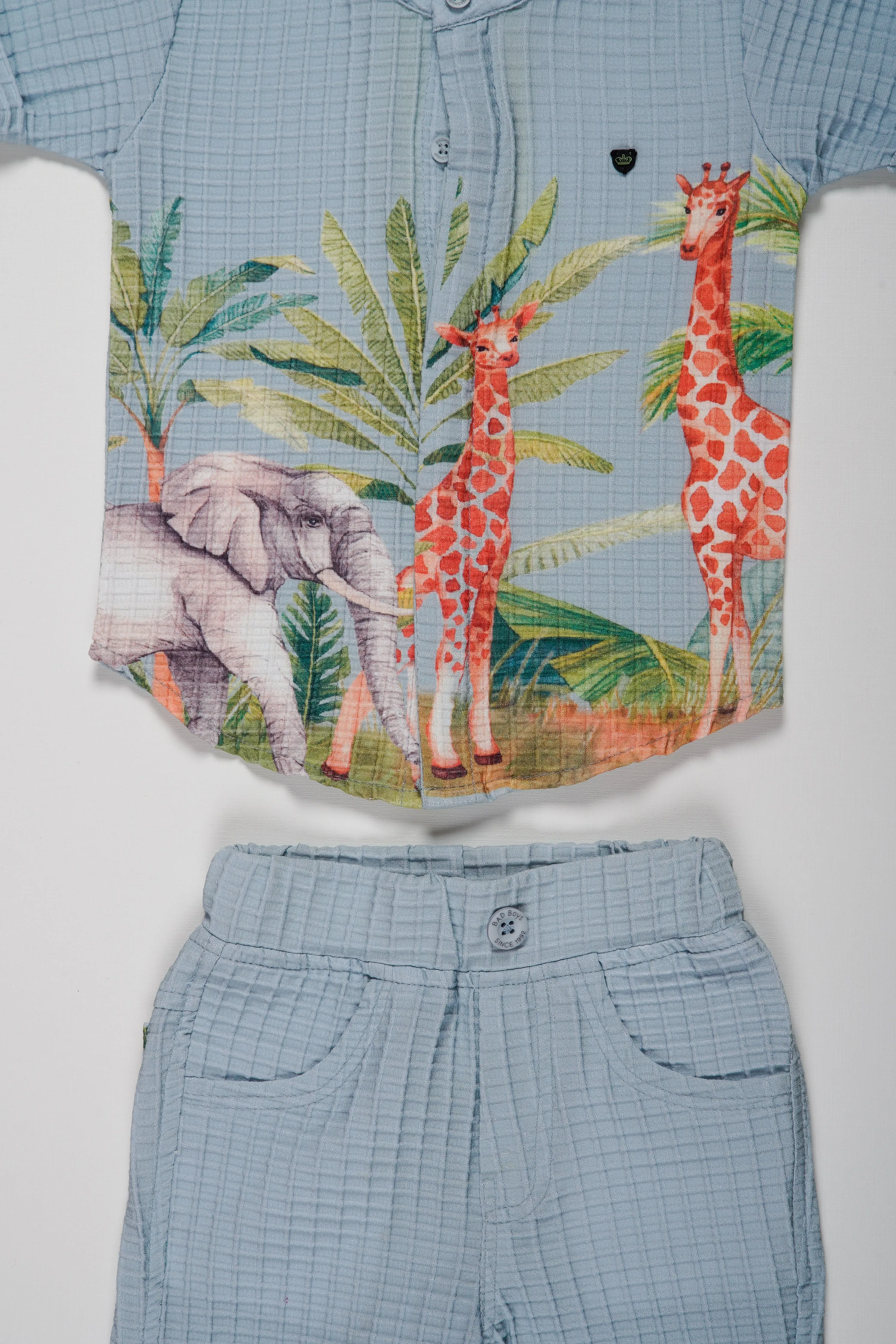 Boys Safari-Inspired Printed Shirt and Striped Shorts Set