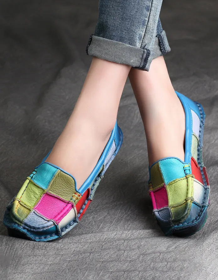 Color Plaid Round Head Handmade Retro Leather Loafers 35-43