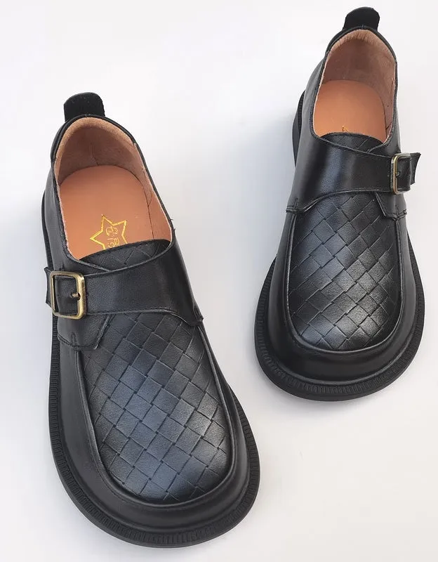 Front Buckle Retro Leather Wide Toe Box Loafers