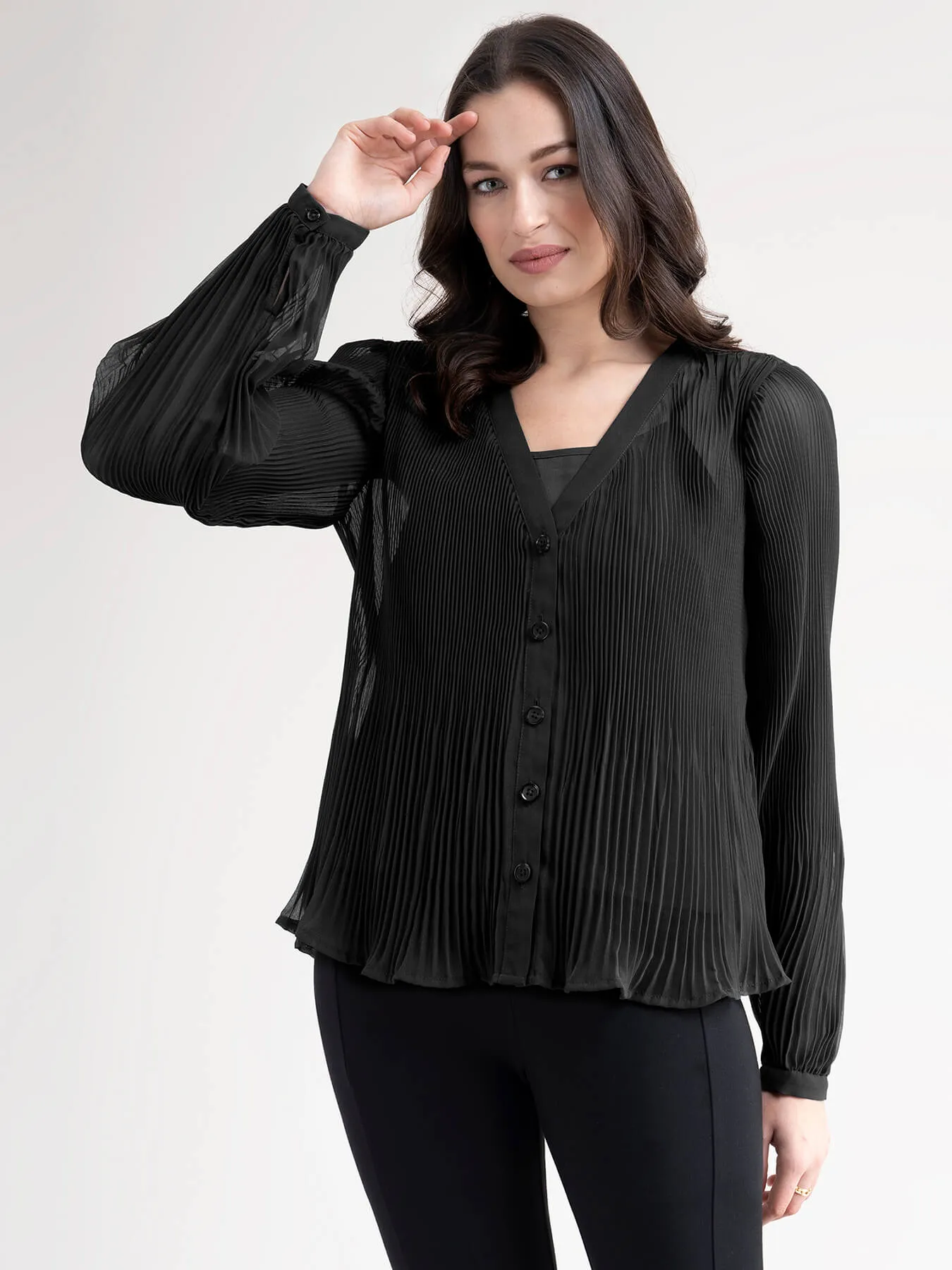 Georgette V Neck Pleated Top - Black