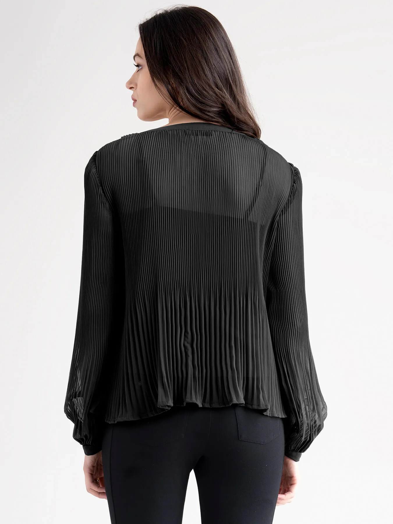 Georgette V Neck Pleated Top - Black