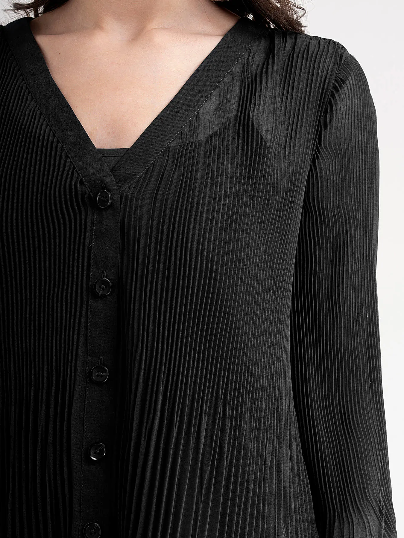 Georgette V Neck Pleated Top - Black