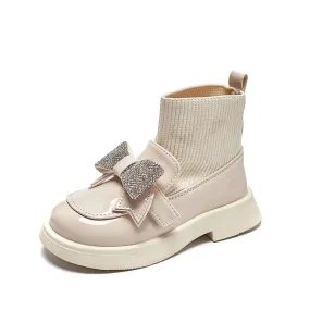 Girls Ivory Patent Leather Chunky Silver Bow Sock Boot