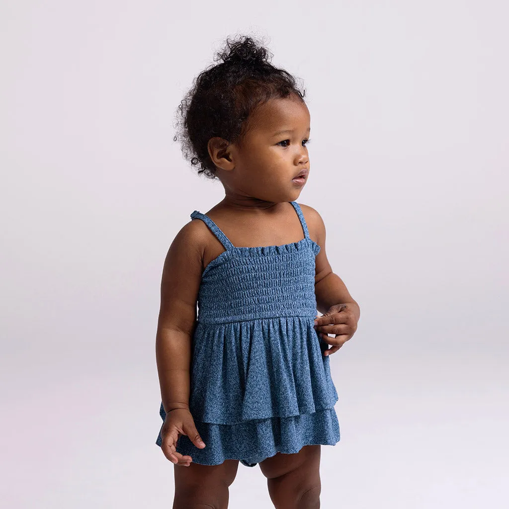 Indigo Denim Smocked Tiered Bodysuit Dress