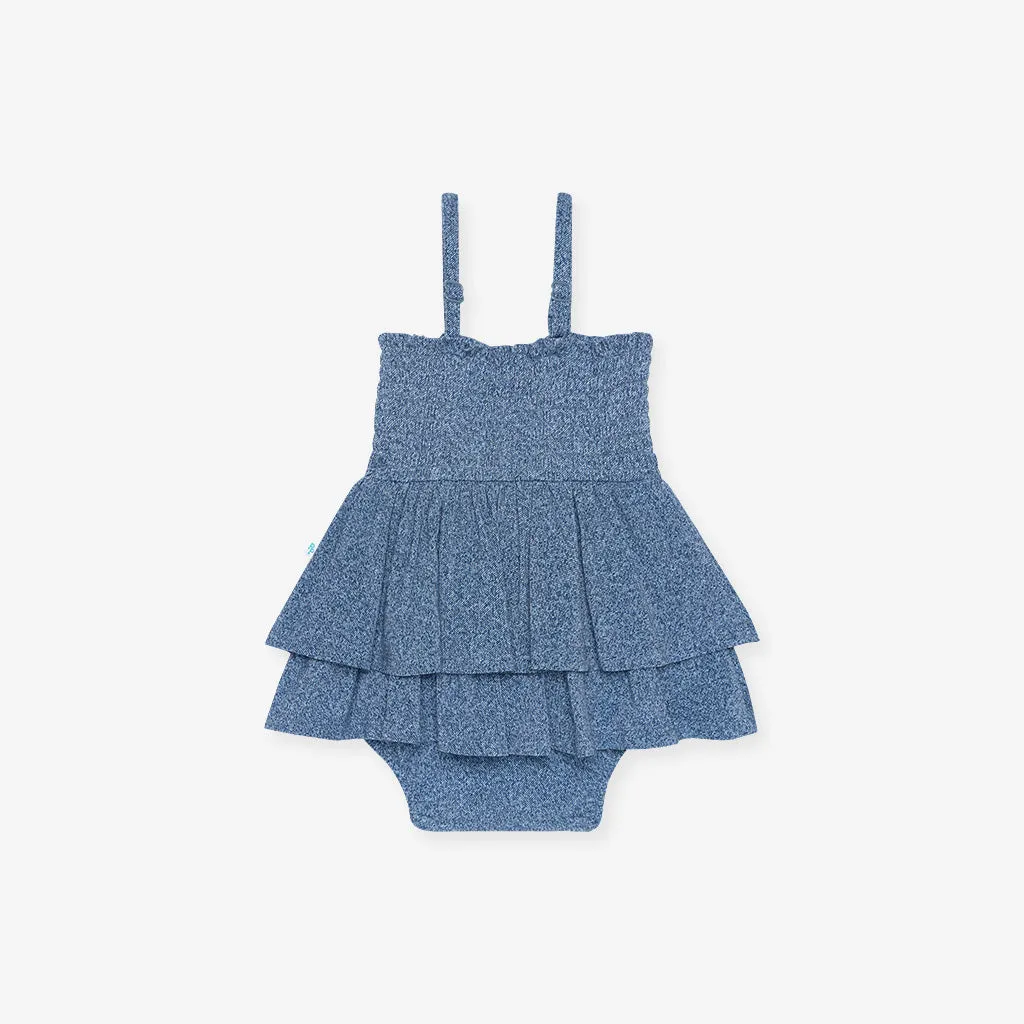 Indigo Denim Smocked Tiered Bodysuit Dress