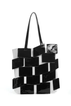 Lacquered Tote Bag in Black & Ivory Patchwork Leather