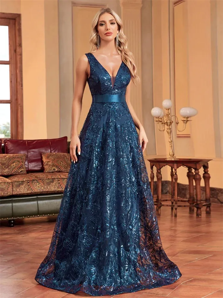 Lucyinlove Luxury Sexy Deep V-Neck Sequins Blue Evening Dress – Elegant V-Back Wedding Party Long Prom Cocktail Dress