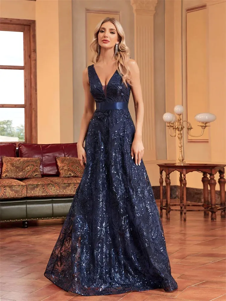 Lucyinlove Luxury Sexy Deep V-Neck Sequins Blue Evening Dress – Elegant V-Back Wedding Party Long Prom Cocktail Dress