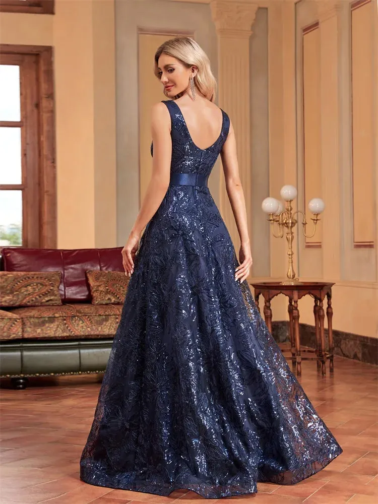 Lucyinlove Luxury Sexy Deep V-Neck Sequins Blue Evening Dress – Elegant V-Back Wedding Party Long Prom Cocktail Dress