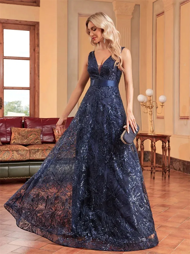 Lucyinlove Luxury Sexy Deep V-Neck Sequins Blue Evening Dress – Elegant V-Back Wedding Party Long Prom Cocktail Dress