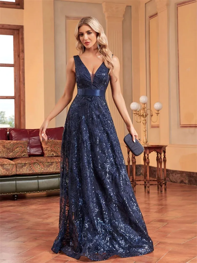 Lucyinlove Luxury Sexy Deep V-Neck Sequins Blue Evening Dress – Elegant V-Back Wedding Party Long Prom Cocktail Dress