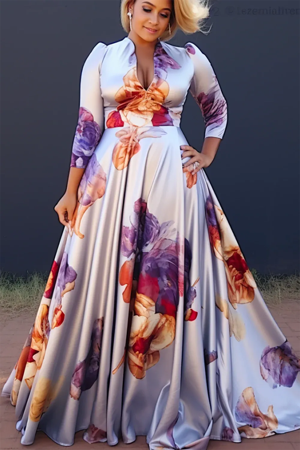 Plus Size Floral Printing Maxi Dresses Elegant Multicolor V Neck 3/4 Sleeve Cotton Long Dress Party Wedding Evening Dress 2024