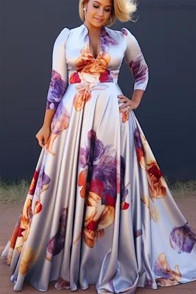 Plus Size Floral Printing Maxi Dresses Elegant Multicolor V Neck 3/4 Sleeve Cotton Long Dress Party Wedding Evening Dress 2024