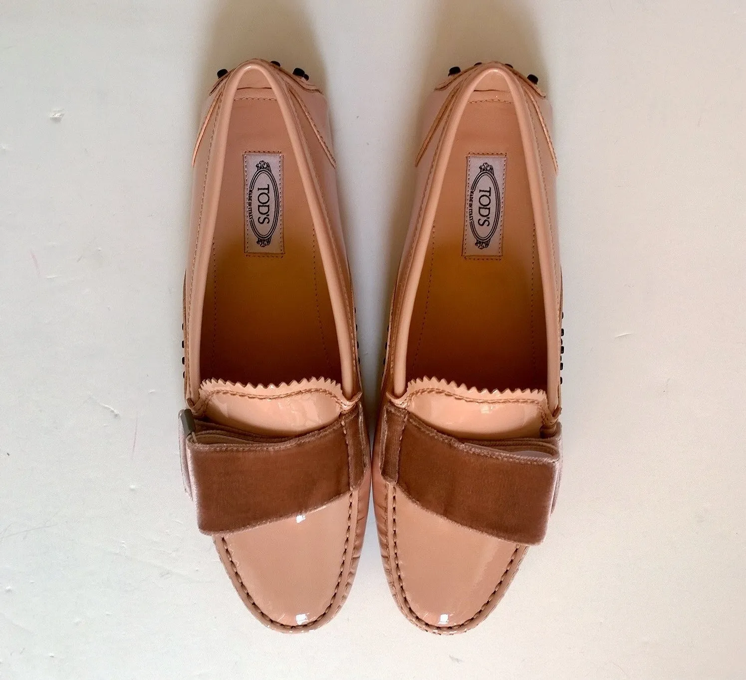 Tod's x Alessandro Dell'aqua Pink Nude Patent Loafers sale shoes with velvet