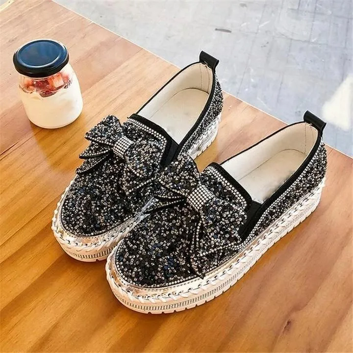 👡Women Shining Rhinestone Slip-on Loafers with Cute Bowknot