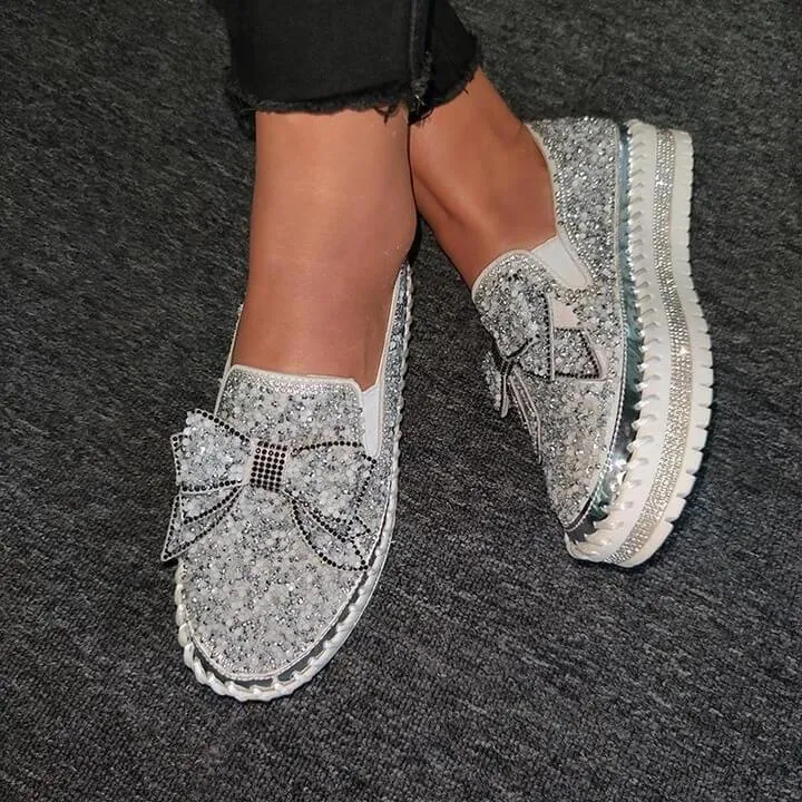 👡Women Shining Rhinestone Slip-on Loafers with Cute Bowknot