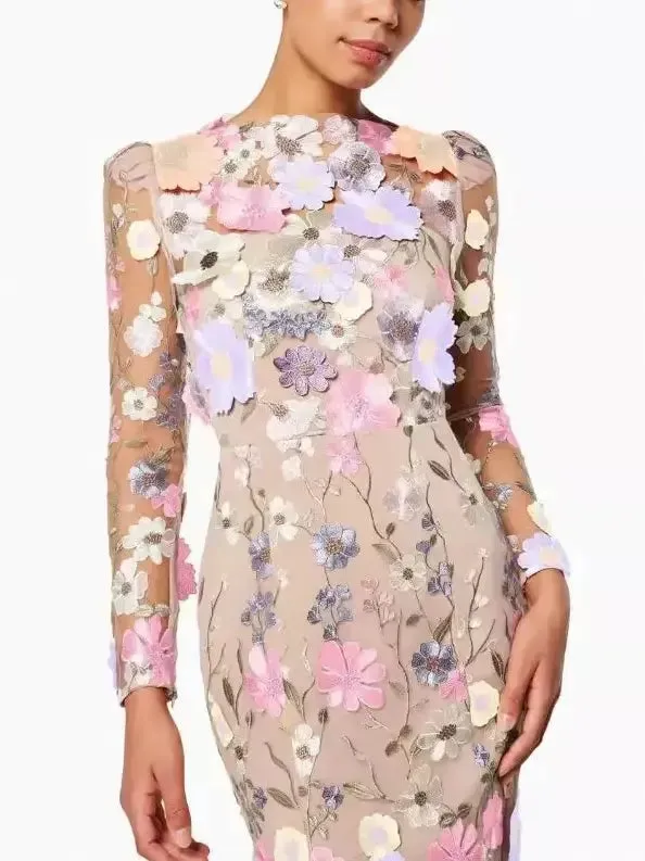 Women’s 3D Multicolor Floral Appliques Mesh-Overlay Midi Dress