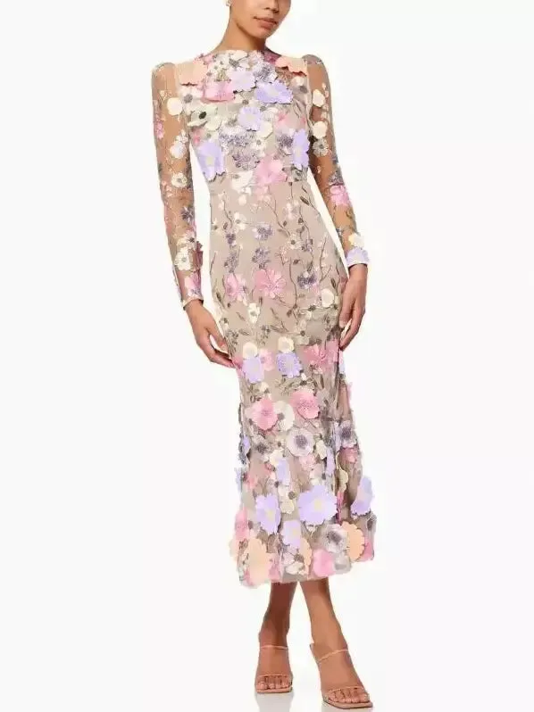 Women’s 3D Multicolor Floral Appliques Mesh-Overlay Midi Dress