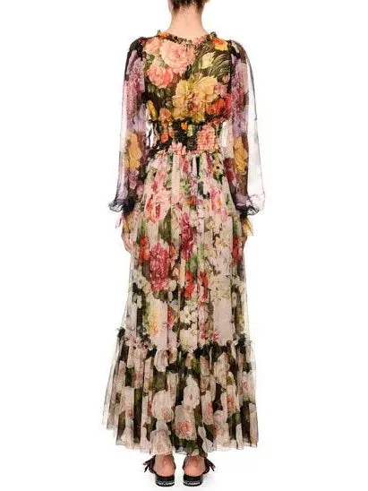 Women’s Blouson-Sleeve Floral-Print Chiffon Gown