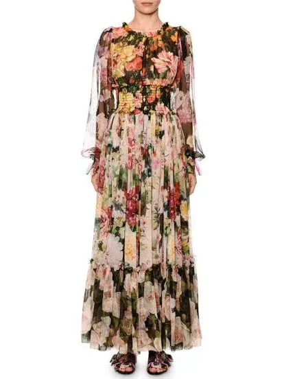 Women’s Blouson-Sleeve Floral-Print Chiffon Gown