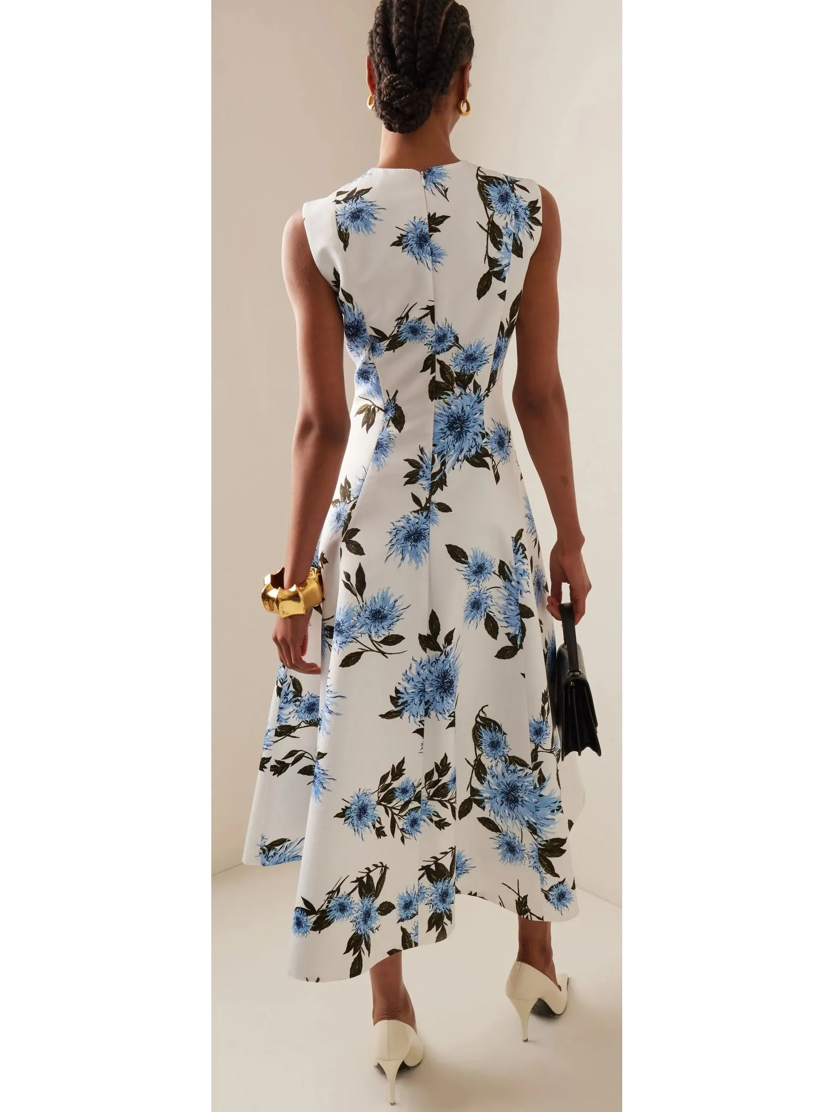 Women’s Blue Dahlia Print Taffeta-Faille Dress