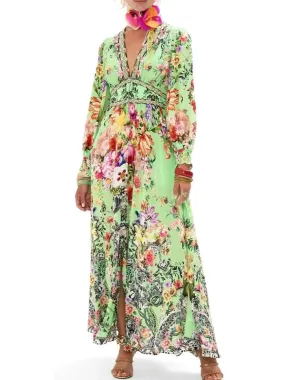 Women’s Bright Green Button-Down Dress with Multicolored Floral Print