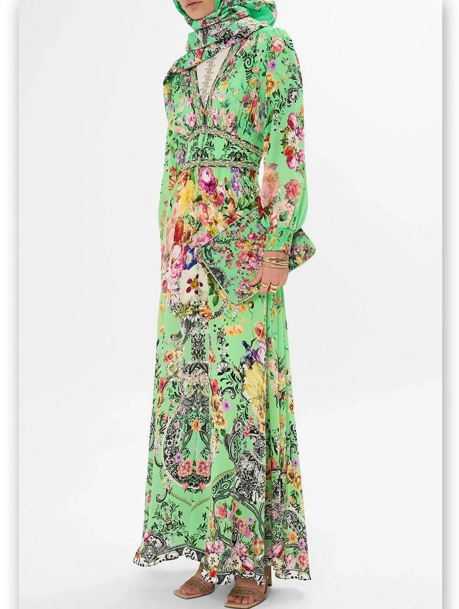 Women’s Bright Green Button-Down Dress with Multicolored Floral Print