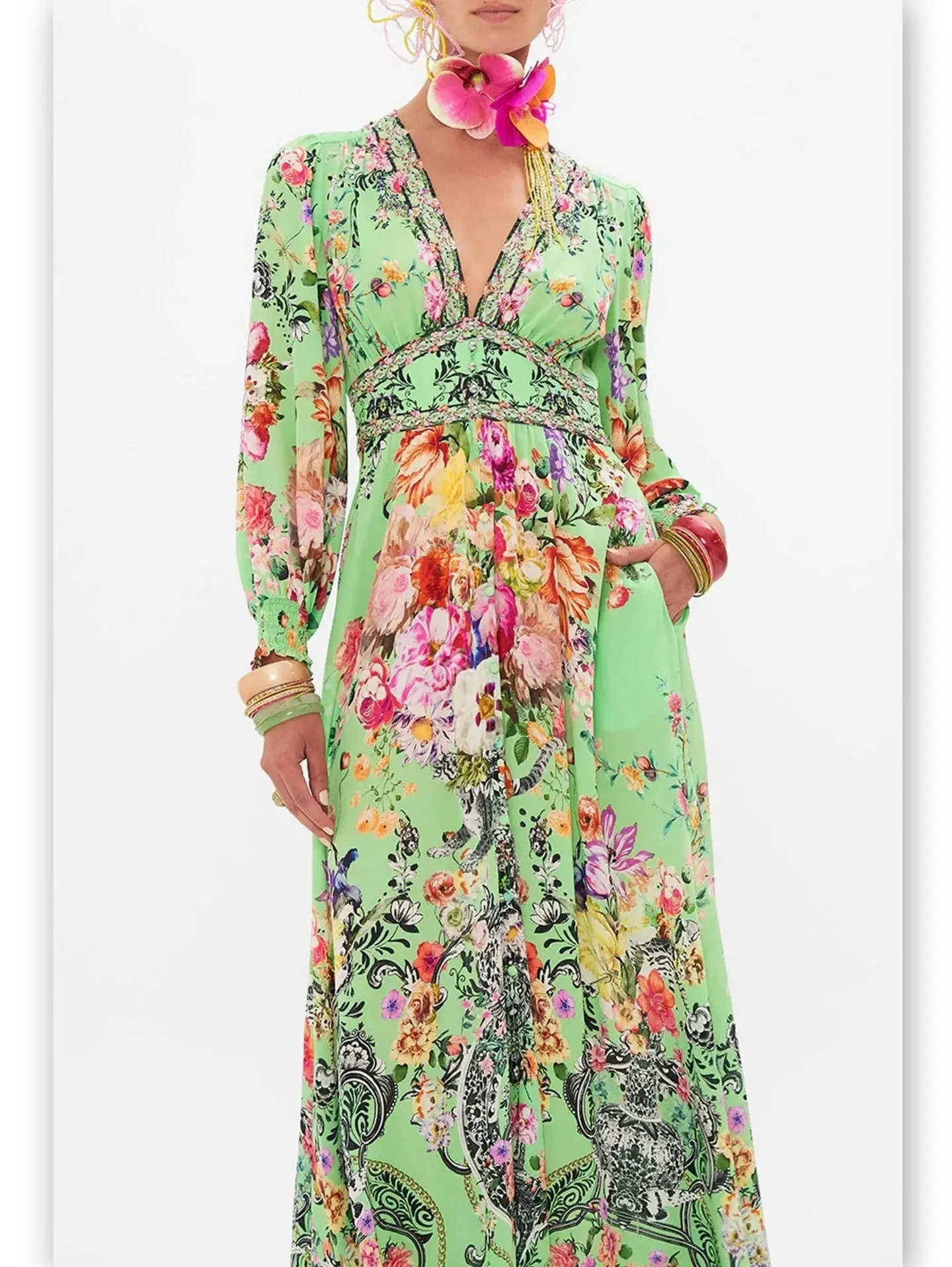 Women’s Bright Green Button-Down Dress with Multicolored Floral Print