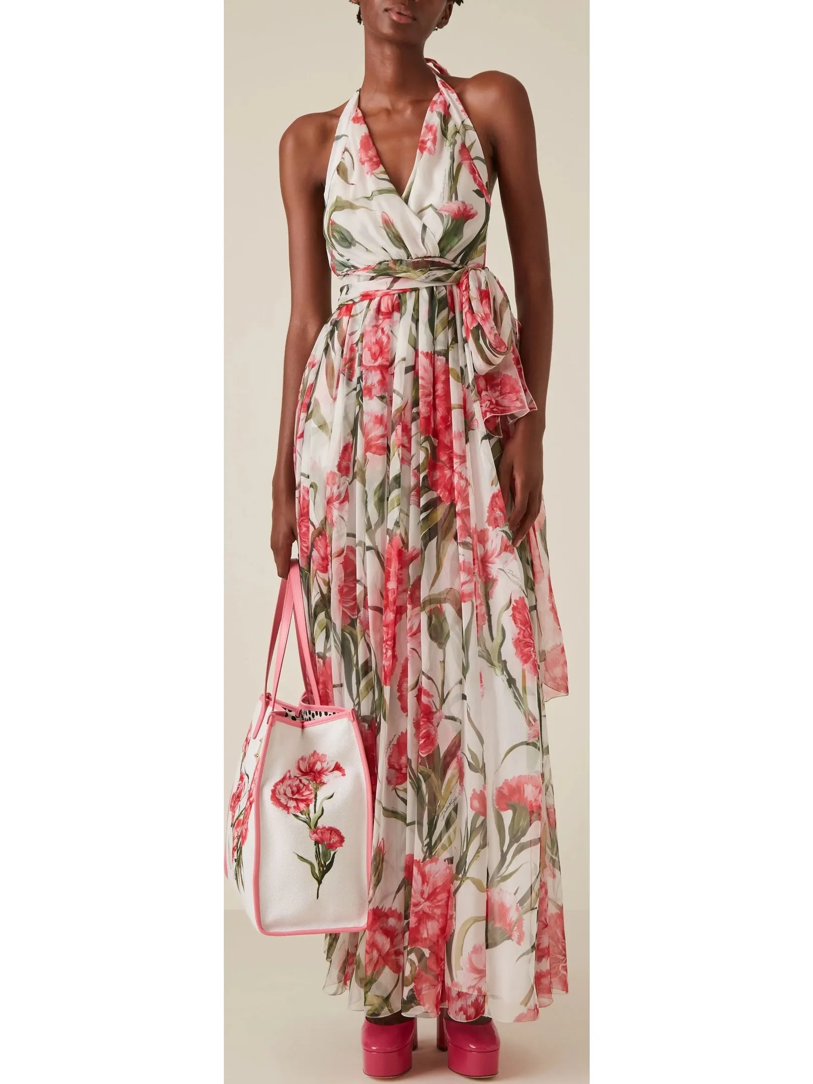 Women’s Carnation-Print Silk Chiffon Maxi Halter Dress