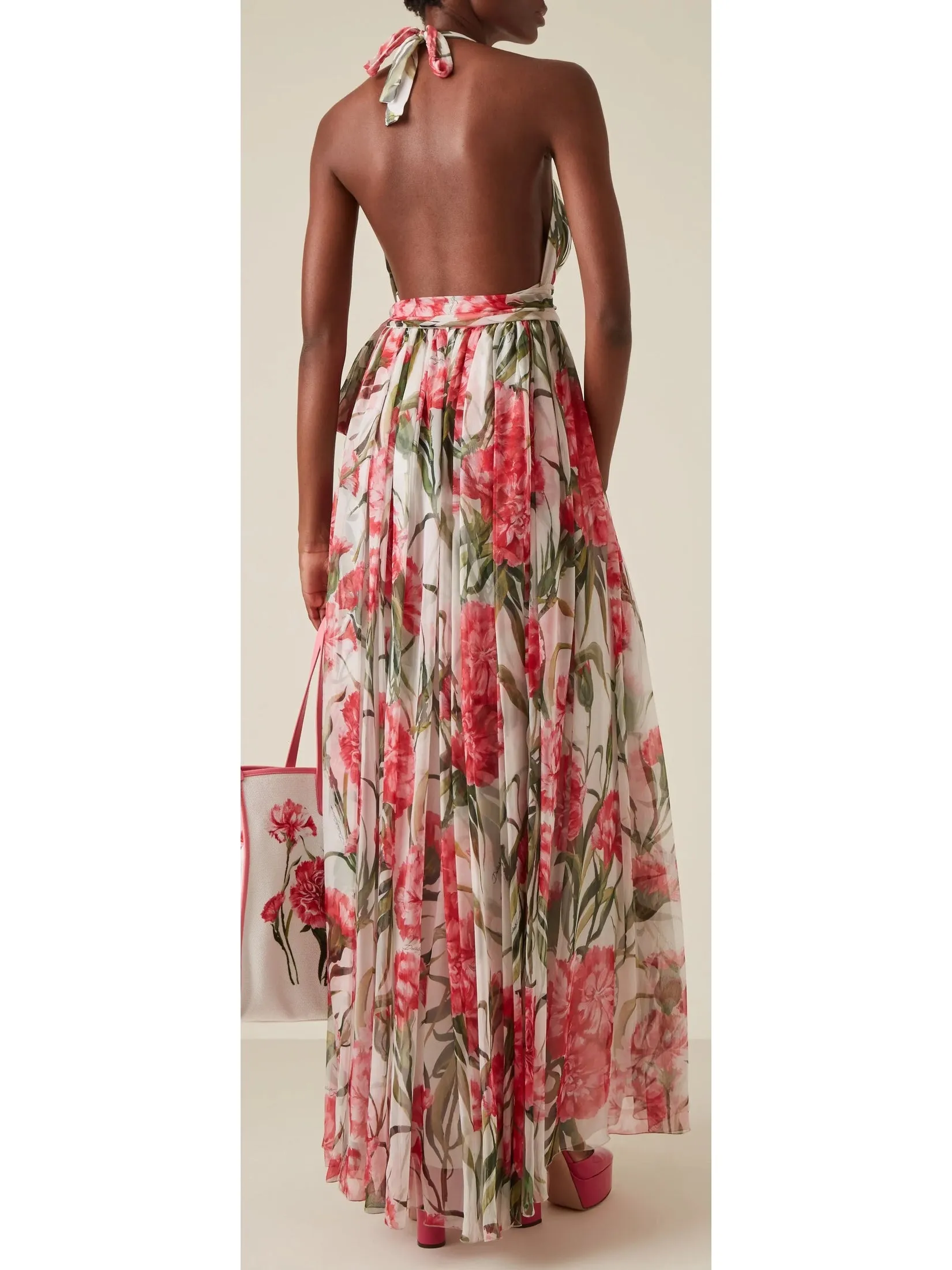 Women’s Carnation-Print Silk Chiffon Maxi Halter Dress