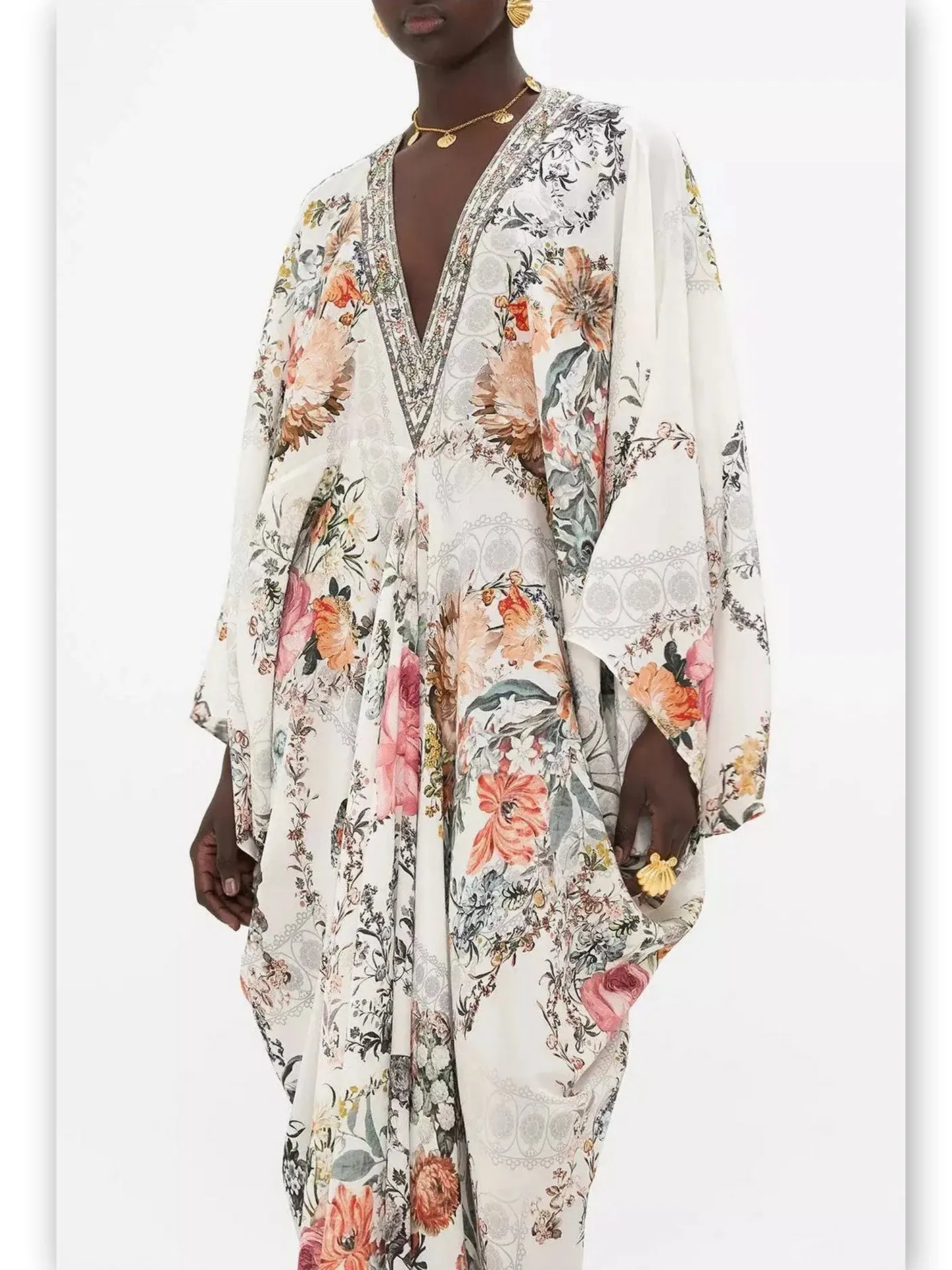 Women’s Crystal-Embellished Floral-Print V-Neck Kaftan Dress