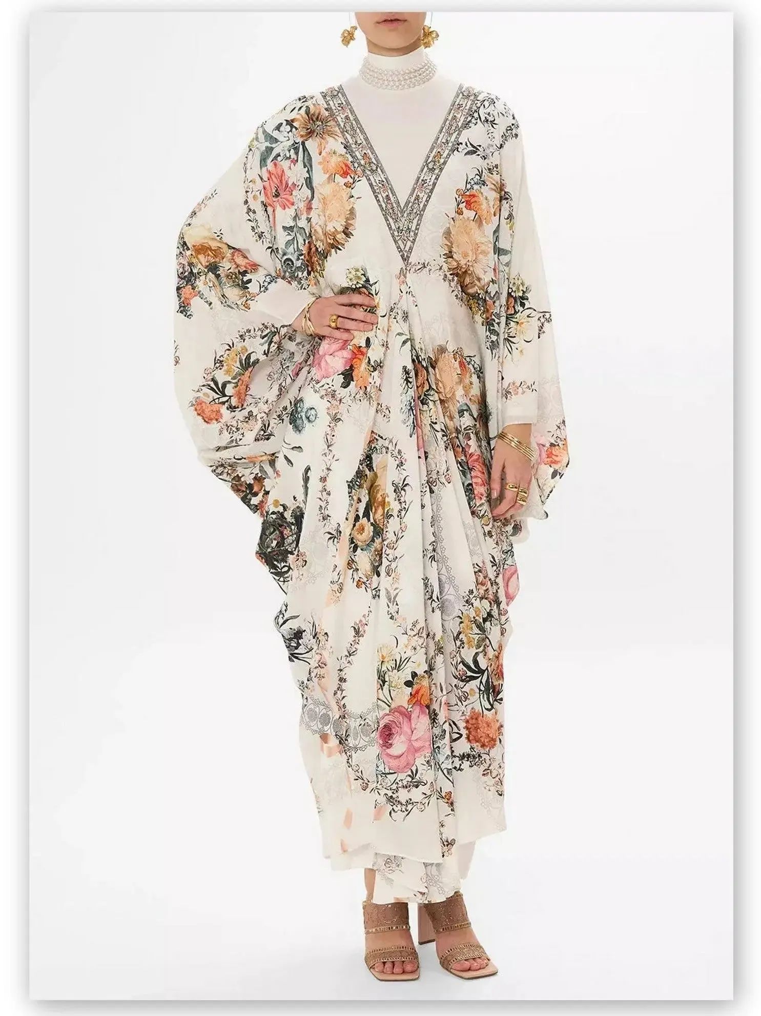 Women’s Crystal-Embellished Floral-Print V-Neck Kaftan Dress