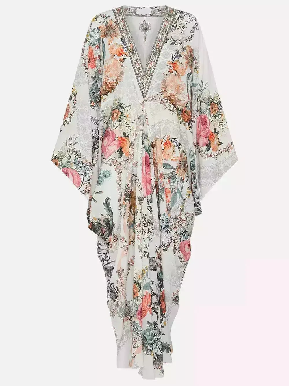 Women’s Crystal-Embellished Floral-Print V-Neck Kaftan Dress