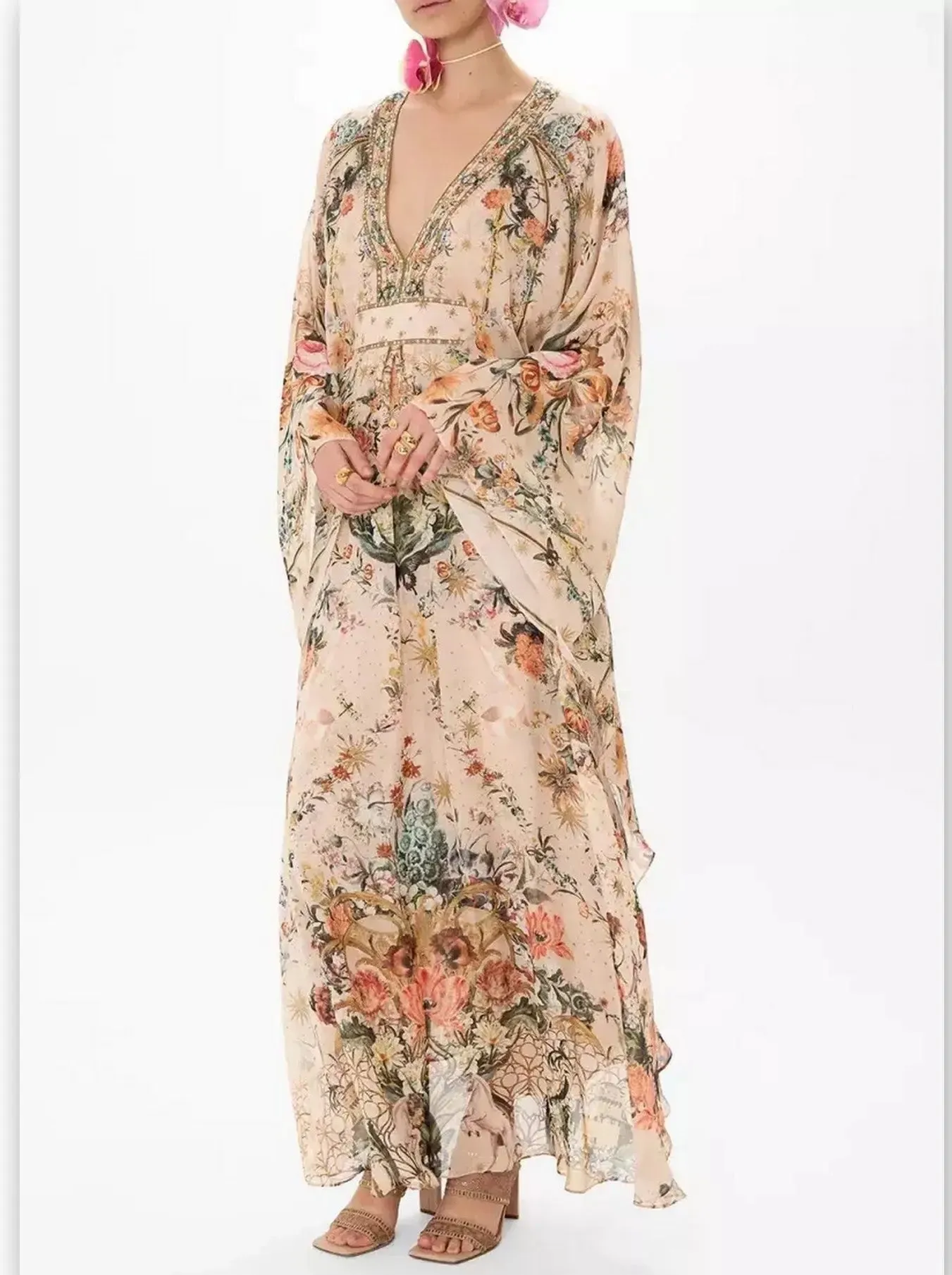 Women’s Crystal Embellished V-Neck Rose Garden Printed Kaftan Dress