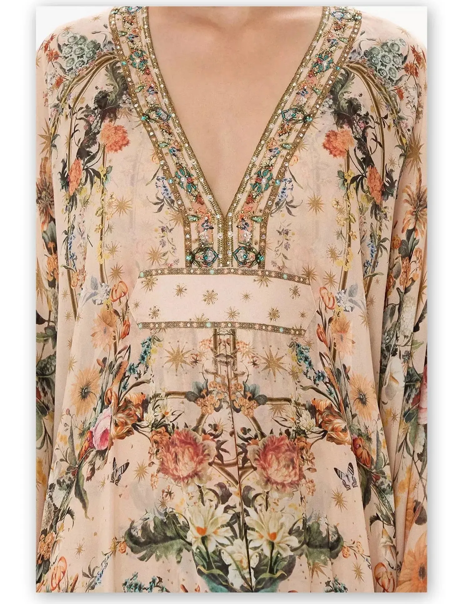 Women’s Crystal Embellished V-Neck Rose Garden Printed Kaftan Dress