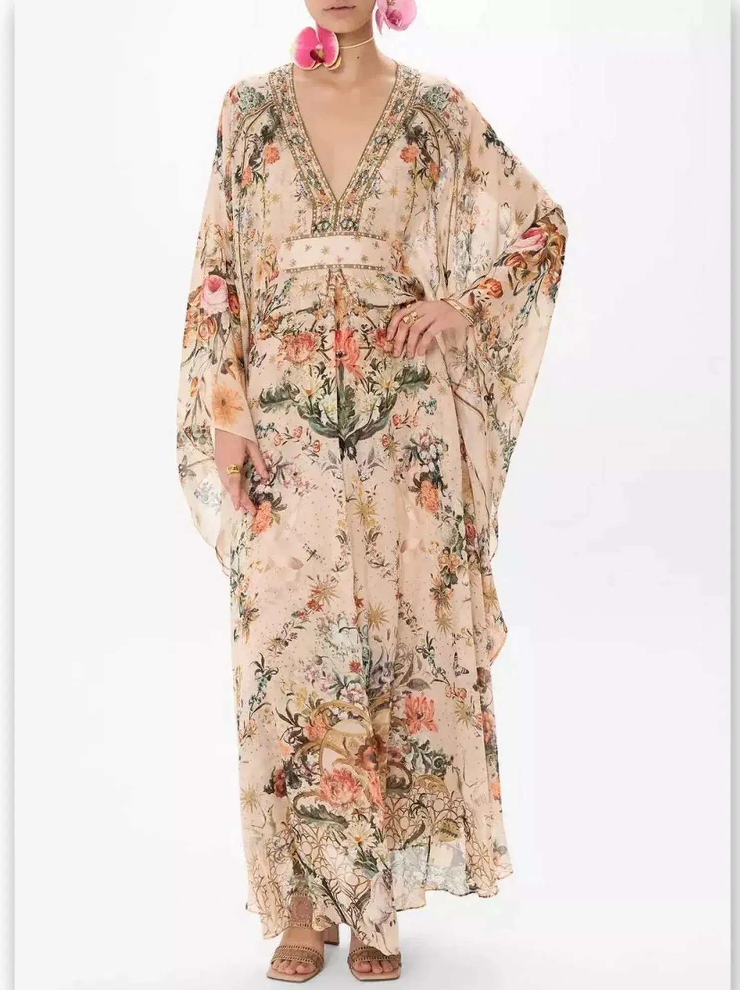 Women’s Crystal Embellished V-Neck Rose Garden Printed Kaftan Dress