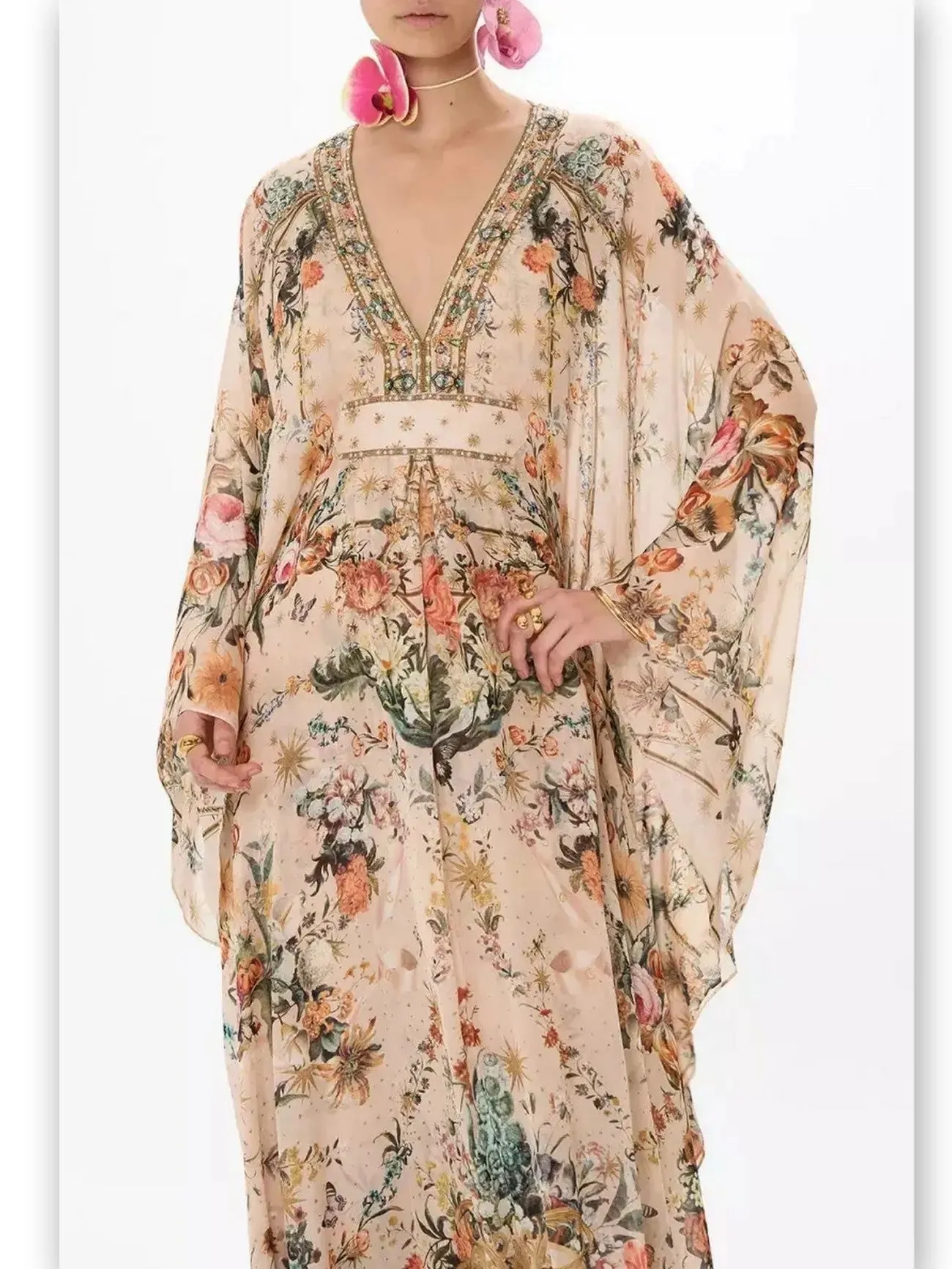 Women’s Crystal Embellished V-Neck Rose Garden Printed Kaftan Dress